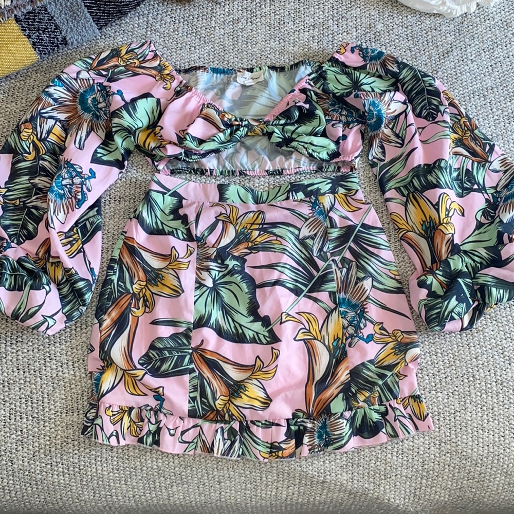 Miss Lola Pink Tropical Floral Two-Piece Skirt Set